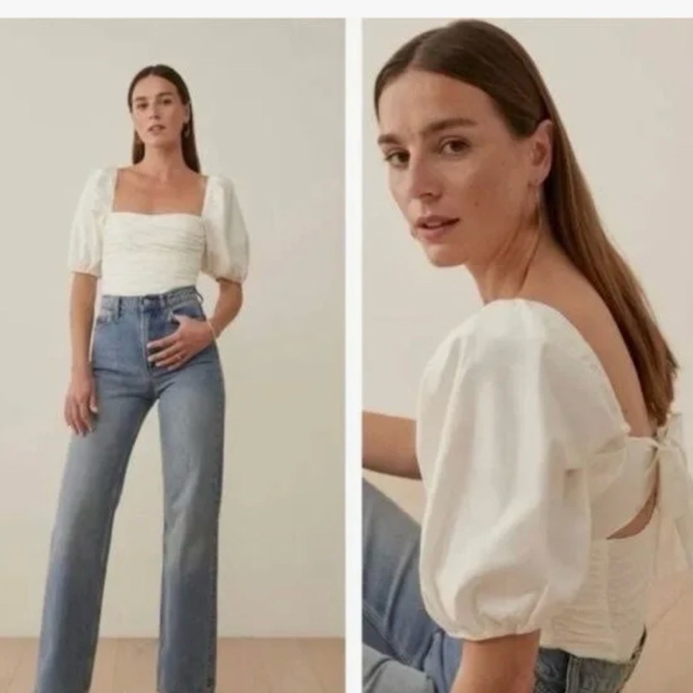 NWT [$245] Reformation Barry Ivory Puff-Sleeve Ruched Square-Neck Top